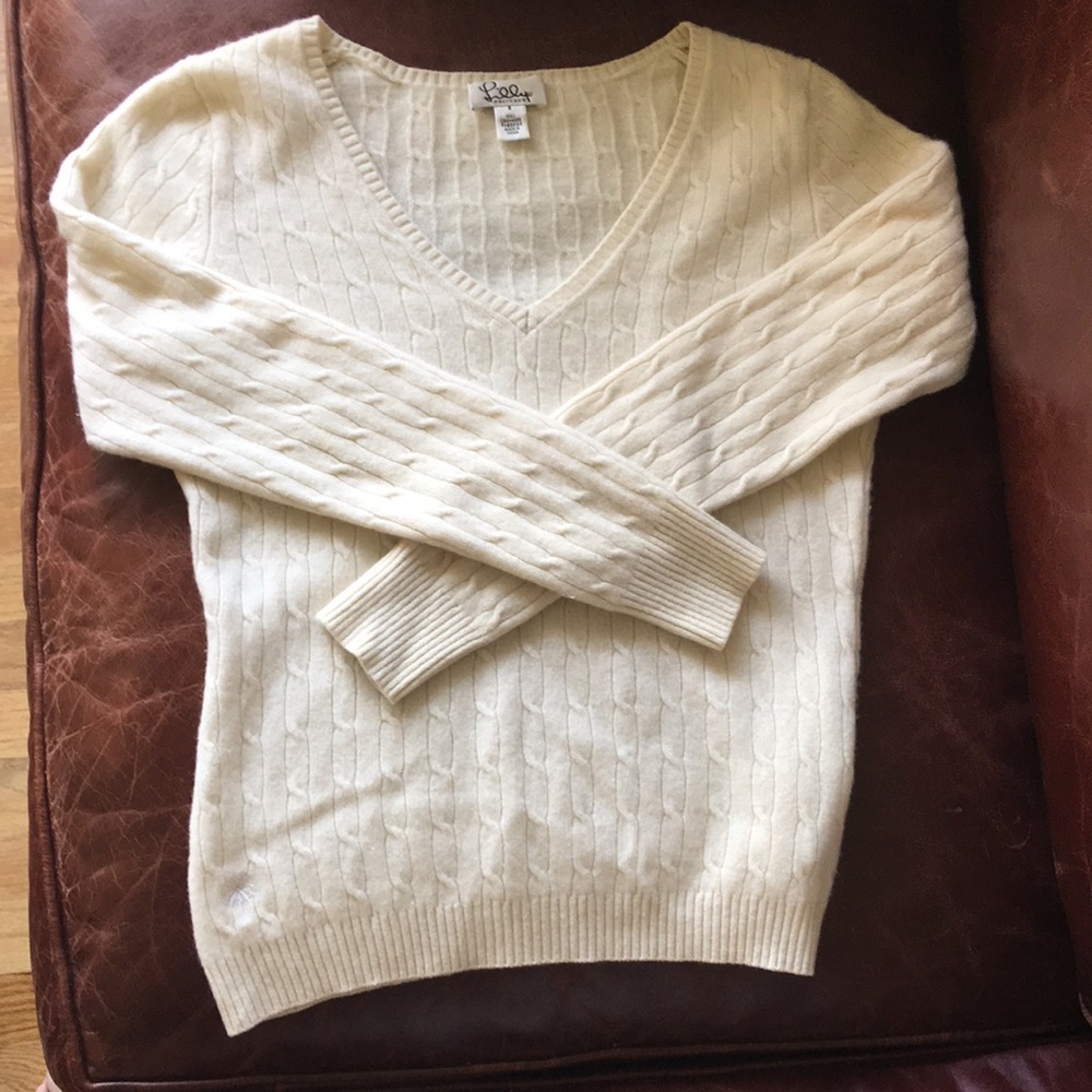 Lilly Pulitzer Cashmere Sweater V Neck Ivory Baby Cable Knit - super soft